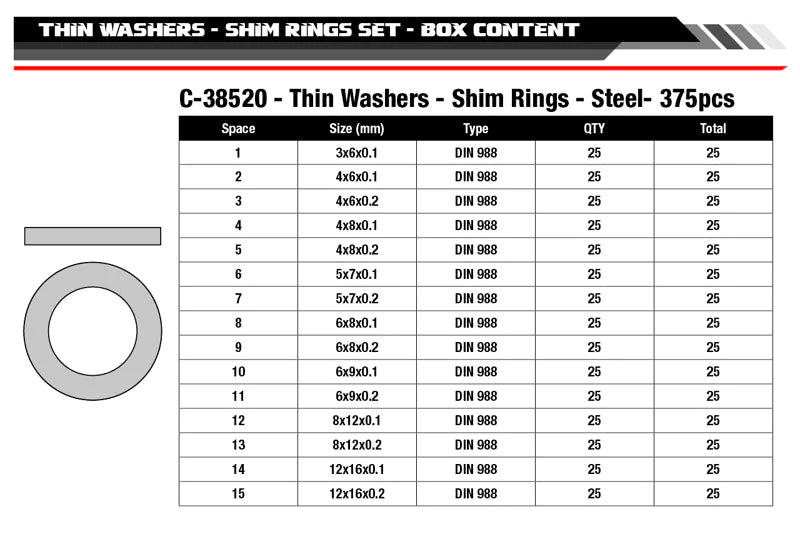 Team Corally - Shim Ring Set - Steel- 15 Sizes - 375pcs