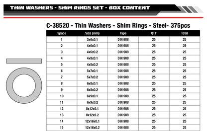 Team Corally - Shim Ring Set - Steel- 15 Sizes - 375pcs