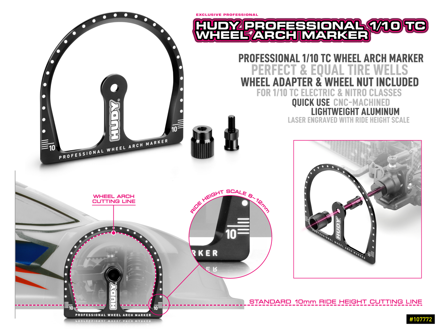 HUDY PROFESSIONAL 1/10 TC MARQUEUR DE PASSAGE DE ROUE + ADAPTATEUR DE ROUE ET ÉCROU