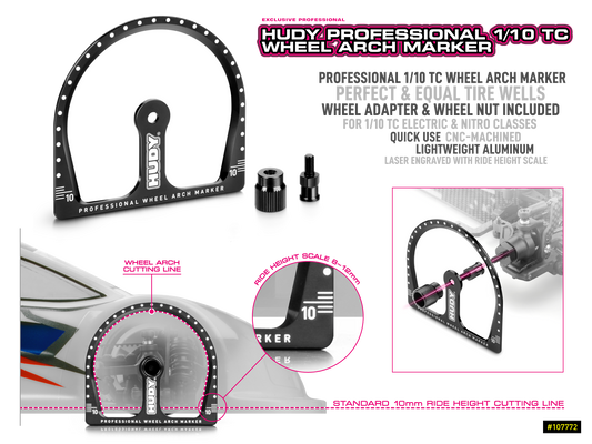 HUDY PROFESSIONAL 1/10 TC MARQUEUR DE PASSAGE DE ROUE + ADAPTATEUR DE ROUE ET ÉCROU